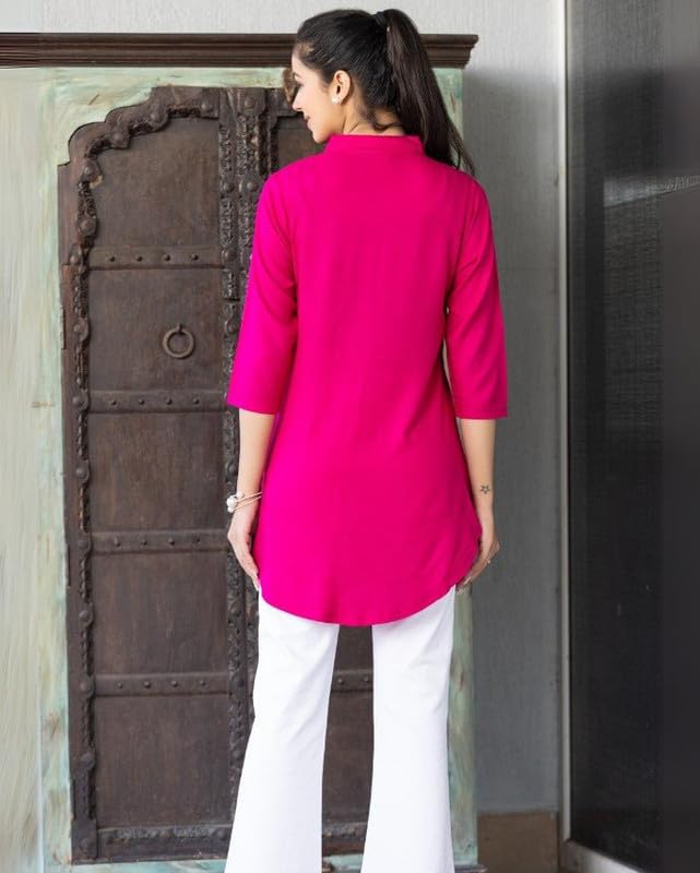 Image of Mlada Rayon Flare Top for Women | 3 /4th Sleeve Regular Fit and Flare Top | Women Office Tops Tunic | Western Long Shirt Top for Women | Shirt Collar Top for Women | Rayon Tunic Tops for Women Western