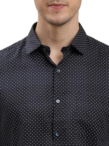 Image of Turtle Men Cotton Tencel Slim Fit Printed Navy Formal Shirt