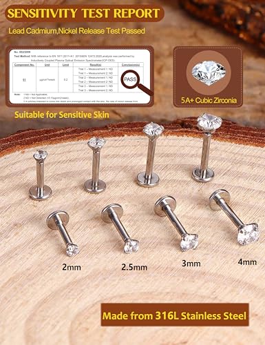 14K Gold Plated Flat Back Stud Earrings - 316L Surgical Steel Internal Thread CZ Stud Piercing Jewelry for Tragus Helix Cartilage Conch Nose Hypoallergenic Lip Labret Medusa Piercing 16G 18G3