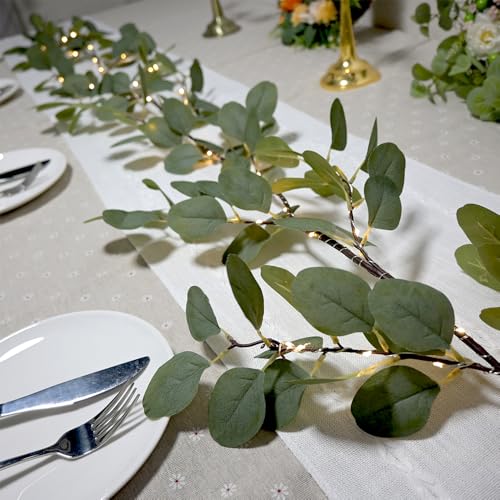 Image of 6.56FT Eucalyptus Garland with Lights 96 LEDs 8 Modes Battery Operated with Timer Faux Twig Vine Lights Spring Greenery Garlands for Mantle Fireplace Wall Table Stairs Wedding Party Bedroom Home Decor