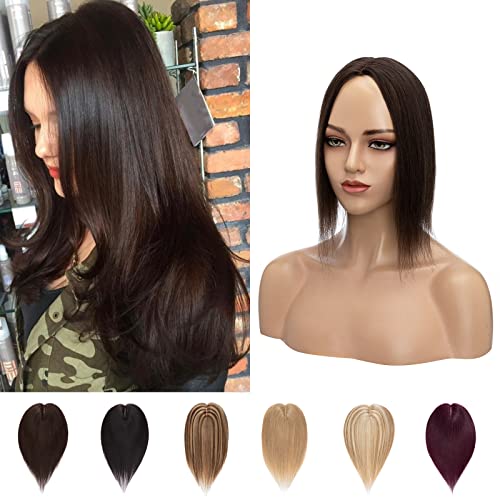 Silk-co 18inch Hair Topper for Thinning Hair Women Clip in Real Remy Human Hair Extensions Top Piece Base Size 10 * 12cm Silk+Lace Base (#02 Dark Brown)