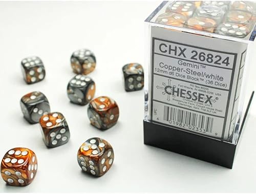 Miniatura 2 de Chessex DND D&D - Juego de dados poliédricos Géminis de 0.472 pulgadas, de cobre, acero y plástico blanco, dados de mazmorras y dragones, incluye 36