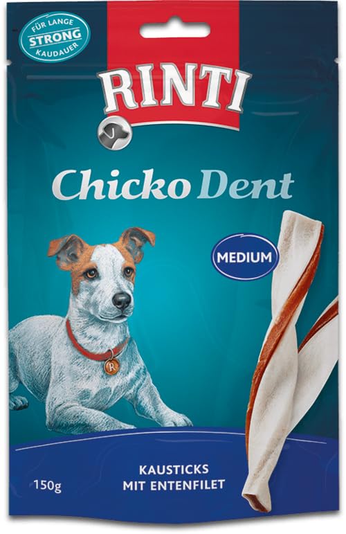 Rinti Extra Chicko Dent Medium Kausticks mit Entenfilet | Doppelpack | 2 x 150 g | Ergänzungsfuttermittel für Hunde | Kaustreifen für die Zahnpflege | Bissfeste Rinderhaut