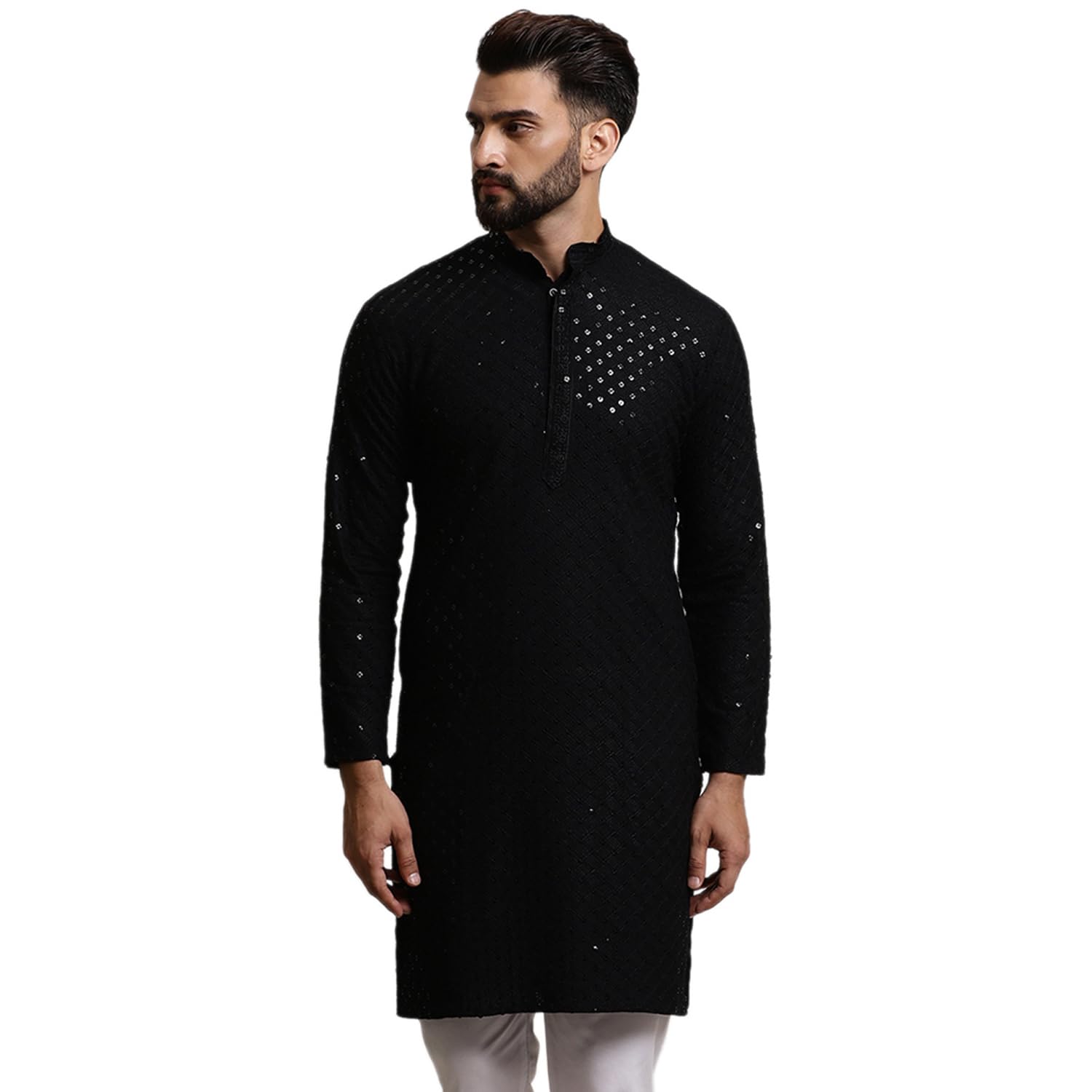 Sojanya (Since 1958 Men's Pure Cotton Black Sequence Long Kurta