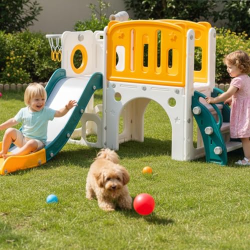 hoopyosms Kinder Rutsche Mit Klettergerüst, Basketballkorb Und Tunnel, Indoor-Kunststoffrutschenset Für Kinder, Montessori-Spielzeug Für Den Spielplatz, Grün