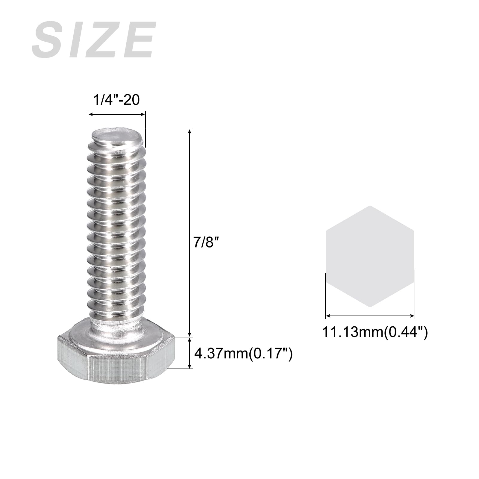 METALLIXITY Hex Head Bolts (1/4-20 x 7/8") 50Pcs, 304 Stainless Steel 18-8, Fully Threaded, External Hex Drive, Plain Finish - Image 2