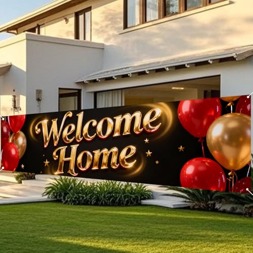Image of Nuxovilar Welcome Home Banner Golden Red Balloon 17.7x78.7 Polyester