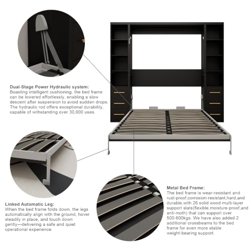 Image of KEIKI Queen Size Vertical Cabinet Murphy Bed with 2 Side Cabinet, Black | Multifunctional Foldable Hideaway Wall Metal Bed Frame, No Box Spring Needed, Easy Assembly, for Bedroom, Guest room