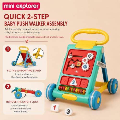 Image of MiniExplorer Baby Activity Walker for 6-15 Months, Foldable Push Walker for Babies, Toddler Learning Walker with Activity Panel, Walker for Boys & Girls, Anti-Slip Wheels & Interactive Toys - Blue