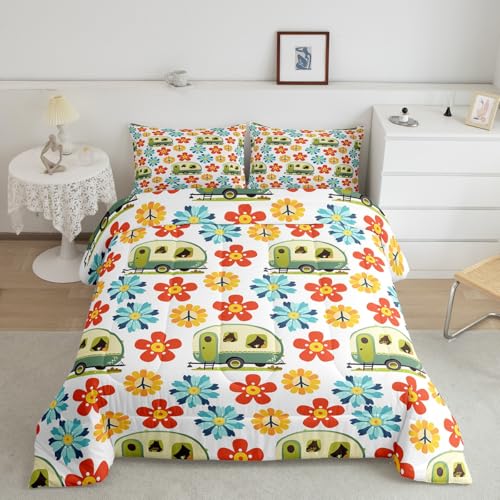 Erosebridal Camping Duvet Insert Retro 60s 70s Groovy Flower Comforter Set for Women Adult Girls,Green Camper Bedding Set Peace Sign Quilt Queen,1960's 1970's Hippie Disco Camping Decor for Camper