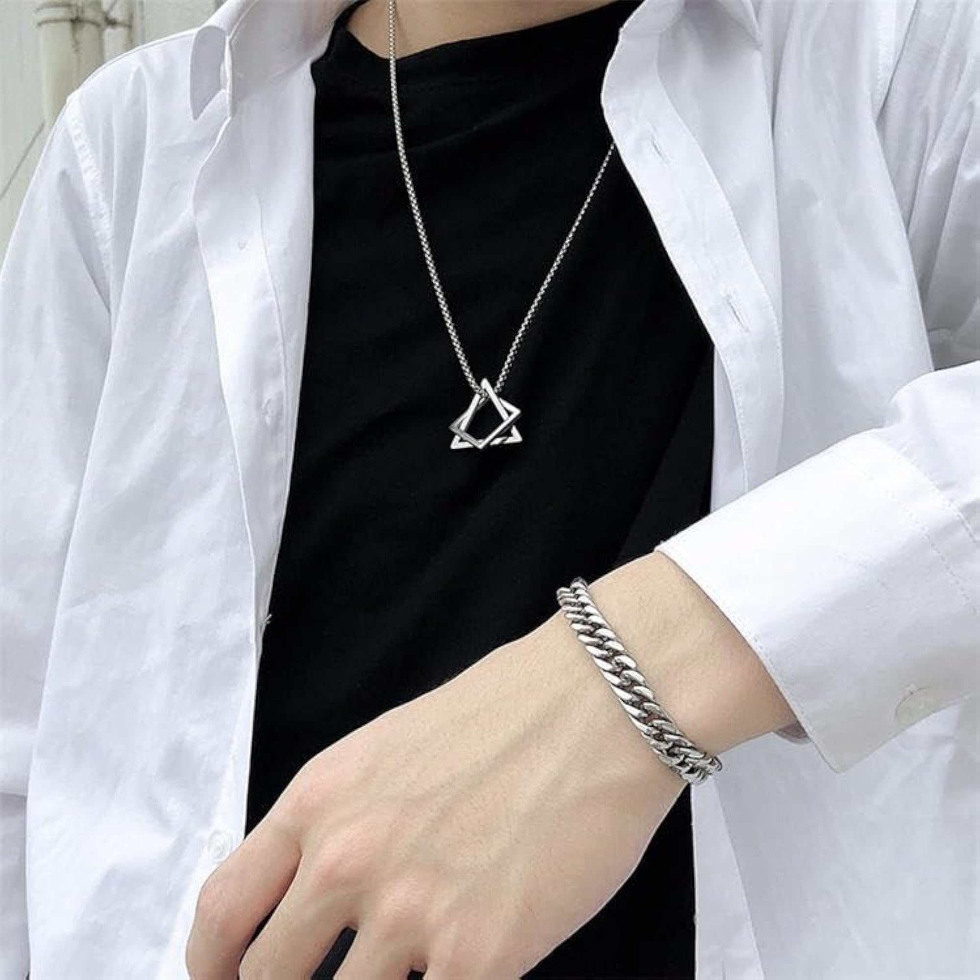 Unisex Geometric Square Hip-Hop Necklace, Silver Plated