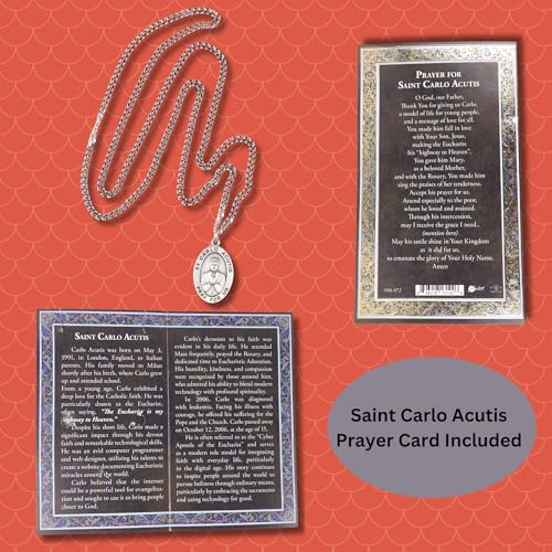 Needzo Saint Carlo Acutis Necklace, Catholic Jewelry, 24 Inch Chain with Biography and Prayer Folder4