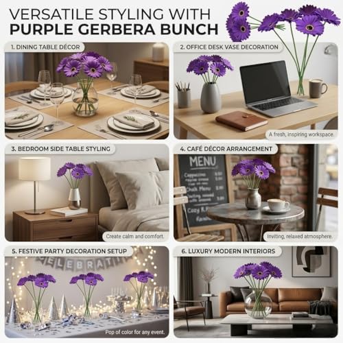 Image of Artificial Gerbera Flower Sticks (Pack of 5) for Home Decor | Realistic Faux Flowers for Vases | Wedding, Office, Living Room & Party Decoration | Long-Lasting, Washable & Reusable (Violet)