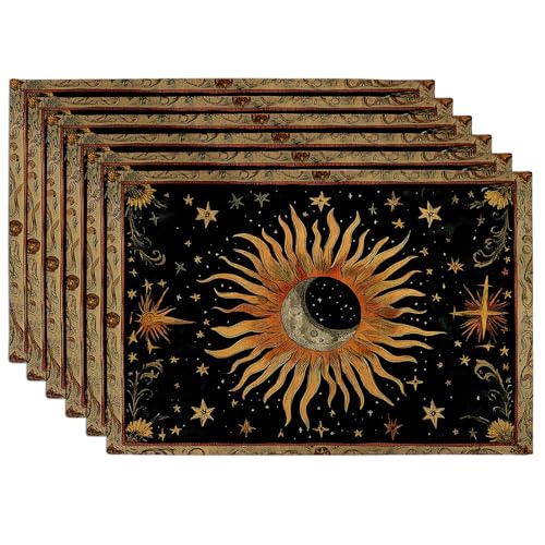 Celestial Sun and Moon Placemats, Black and Gold Astrology Table Mats for Fall Winter Celebrations, Decorative, Non-Slip Washable for Indoor Outdoor Dining Set of 6