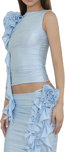 Camiseta sin mangas sexy floral 3D para mujer, con volantes Y2K, sin espalda, fruncida, top sin mangas, cuello halter, top de ropa de calle