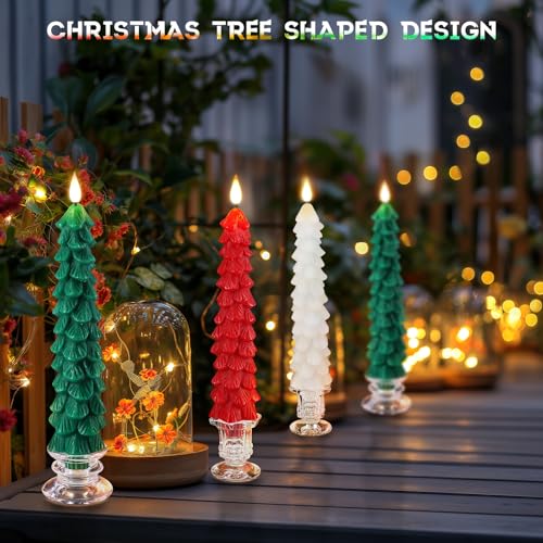 Image of PChero Christmas Tree Candles with Remote Timer, 3 Pack, 9.7 Inches | Real Wax, Flameless, Battery Operated, Window Candles, Taper Candle Sticks, for Xmas Fireplace Holiday Party Home Room Decor