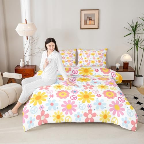 Image of Groovy Flower Bedding Set for Kids Boys Girls Retro Floral Boho Comforter Set Toddler Size Psychedelic Floral Duvet Quilt Bedroom Decor Breathable Soft Lightweight Microfiber Nature Theme 2Pcs