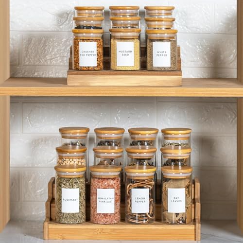 Image of VILON 9oz(270Ml) 12Pack Spice Jars With Minimalist Spice Labels, Round Jars With Bamboo Lids, Premium Labels, Storage Container Canisters,Transparent