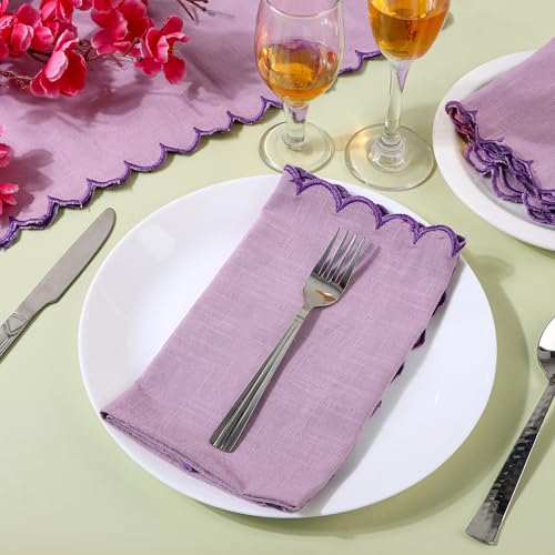 Image of FINGERCRAFT Scallop Edge Cloth Napkins | Set of 6 | 20x20 Inches | 100% Cotton | Table Napkins for Any Occasion | Washable, Perfect for Parties and Everyday Use (Lavender Slub, Set of 6)
