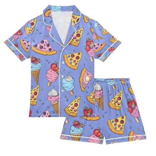 senya Ice Cream with Pizza Satin Summer Pajama Sets Silk Short Sleeve Button Down Sleepwear