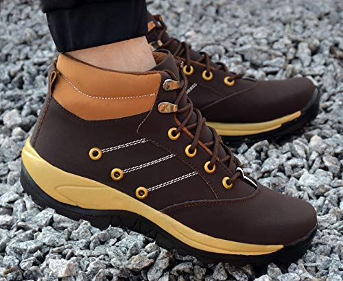 Image of Hiking Boots, Black and Tan, Lace-Up High Ankle, Metal Eyelets, Rugged Outdoor Footwear