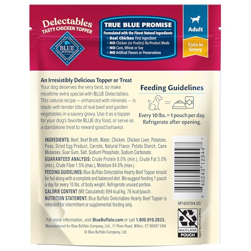 Image of Blue Buffalo Delectables Natural Wet Dog Food Toppers, Hearty Beef Cuts in Gravy, 3-oz (24 Pouches)