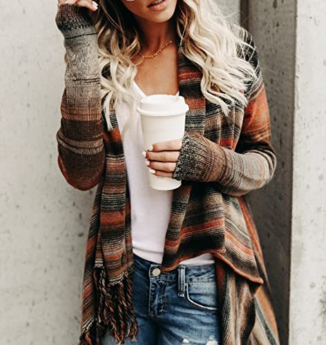 Image of Women's Open Front Knited Tassels Slash Loose Cardigan Crew Neck Speckled Fringe Sweater Outwear