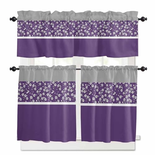 Purple Grey Flowers Kitchen Curtains 36 Inch Length, 3 Piece Rod Pocket Small Half Tiers and Valance Set, Classic Botanical Art Elegant Small Large Window Treatment Decor for Bedroom/Bathroom Sink