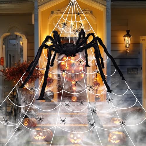 Tecido aranha Halloween, tecido de aranha elástico, 7 x 5 m tecido lustre gigante 90 cm lustre gigante 40 g teia de aranha 20 mini aranhas, decoração de tecido de aranha de Halloween, para Halloweens