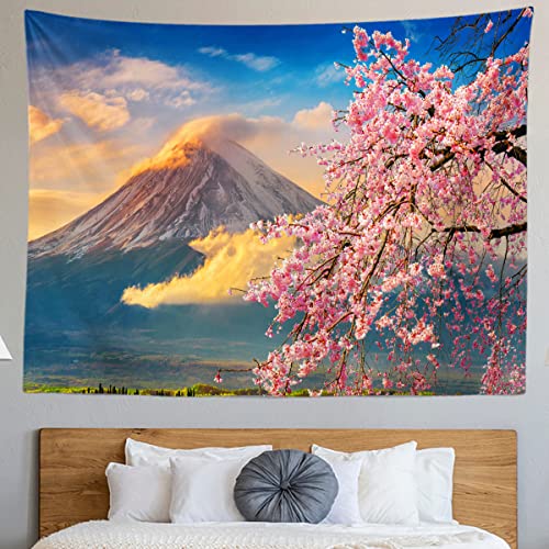 Bulor Japanese Pink Sakura Tapestry Cherry Blossoms Mountain Fuji Japan Wall Hangings Tapestry For Bedroom Living Room Dorm Man Cave Background(80X60 Inch) #TOP4