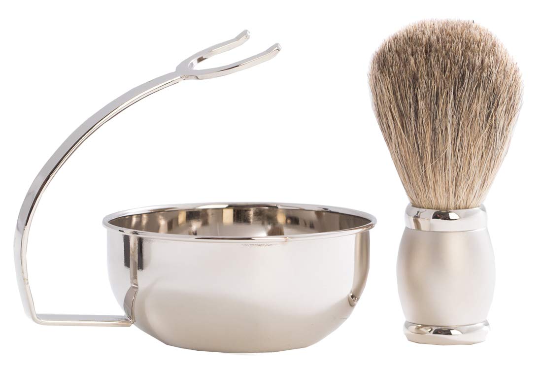 Bey-Berk BB13 Chrome Plated & Satin Finished Soap Dish with Pure Badger Brush, Grey