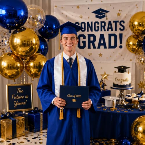 Image of 9 Pcs Blue Gold Round Foil Balloons Dark Navy Blue Metallic Gold Chrome 4D Ball Balloons 22 In Orbz Mylar Balloon for Graduation Grad Birthday Wedding Anniversary Disco Party Decorations