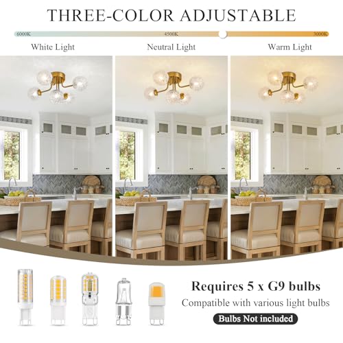 Image of Sputnik Semi Flush Mount Ceiling Light Mid Century Modern Gold Ceiling Light 5 Lights Clear Glass Globe Chandelier for Bedroom Kitchen Entryway Closet