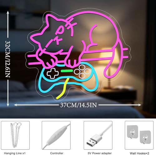 Image of Game Cat Neon Sign, Gamer Neon Signs for Wall Decor, Pink Cat Gamepad Shape LED Light Sign Dimmable Light Up Signs for Game Room Bedroom Cat Lovers and Gamers