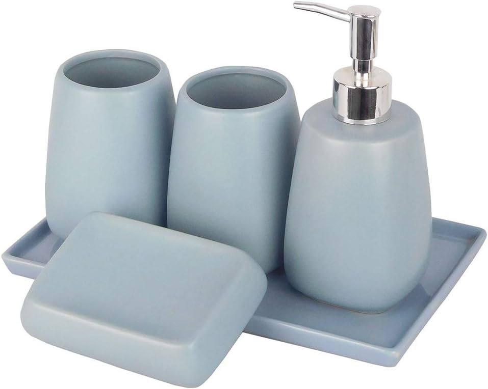 Juego de baño azul de cerámica con dispensador y vaso para cepillos