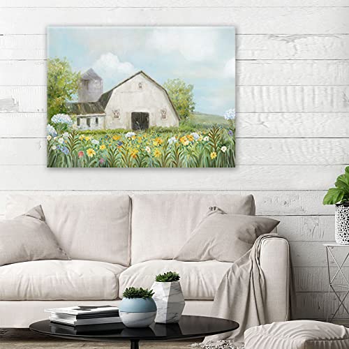 Yelash Old Barn Pictures Wall Art, Rustic Farmhouse Wall Decor For Living Room, White Barn Canvas Art Colorful Flowers Country Landscape Painting Poster For Home Decoration (10"X15") #TOP3