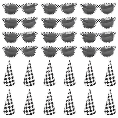 LTplazhi 24Pcs Race Car Party Supplies Favors Set Include 12 Race Car Checkered Sunglasses 12Black and White Checkered Cone Hats for Teenagers and Adults Birthday Decorations Cover