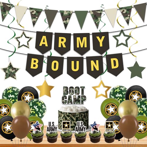 Image of Holkcog Army Party Decorations, Green Military Themed Birthday Banner, Farewell Party Welcome Ceremony, Army Bound Themed Cupcake Decorations, Boot Camp Cake Topper Ballons Supply
