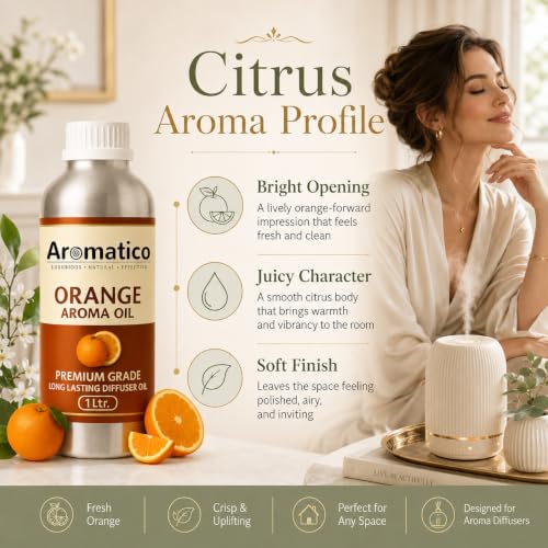 Image of AROMATICO Orange Diffuser Oil with Strong, Long-Lasting Aroma. Premium Aroma Oil for Homes, Offices & Showrooms. Aromatherapy, Diffusers, Air Purifiers, Vaporizers - 1 L (1000 ml)