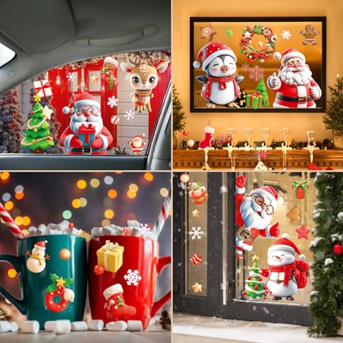 Image of AhfuLife Christmas Window Clings, 9 Sheets Xmas Window Stickers for Christmas Decorations, Reusable Double Sided Santa Claus Reindeer Snowman Penguins Clings for Xmas Decorations