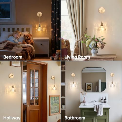 Image of Shenmoyl Vintage Battery Operated wall sconces Set of 2, Wall Lamps with Clear Lily of the Shade Pattern Glass, Adjustable Chain Gold Wall Lights, sconces wall Decor for Stairway Living Room Doorway