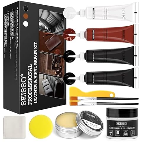 SEISSO Leather Repair Kit for Furniture, Vinyl Leather Repair Kit Car Interior Leather Dye with Mink Oil, Leather Filler Restore for Sofa Couch Cat Scratches Vinyl Seat Cover