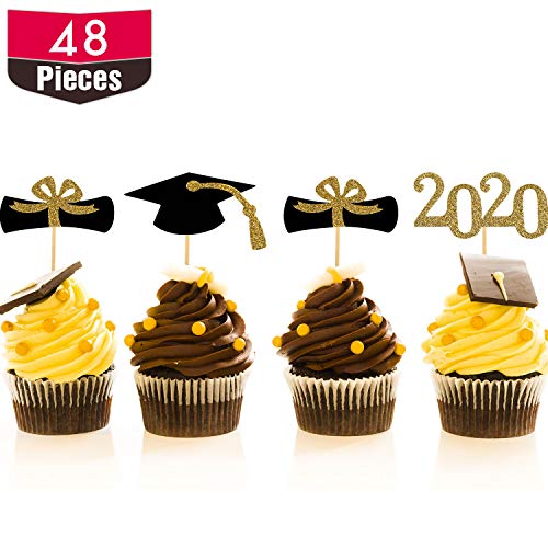 Hestya 48 Pieces Graduation Cap Cupcake Toppers Diploma Cake Table Centerpieces Sticks for Graduation Theme Party Favor Accessories (2020 Style A)