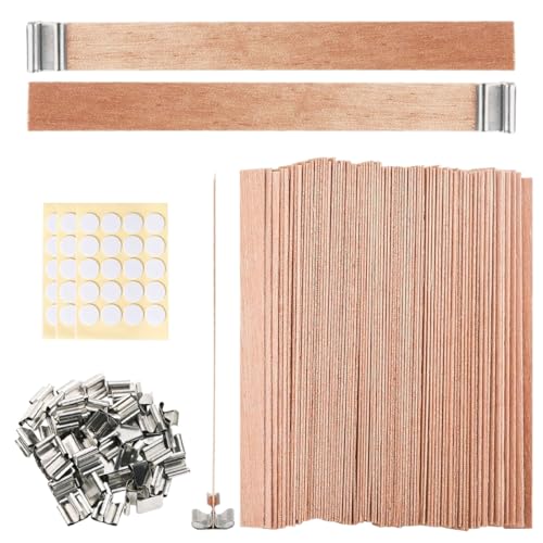HASTHIP® DIY Wooden Wick Candle Making Kit, 50Pcs Wooden Wicks, 25Pcs Wick Clip Metal Bases, 3 Sheet Round Adhesive Pads, DIY Handcraft Handle Making Kit for Scented Candle