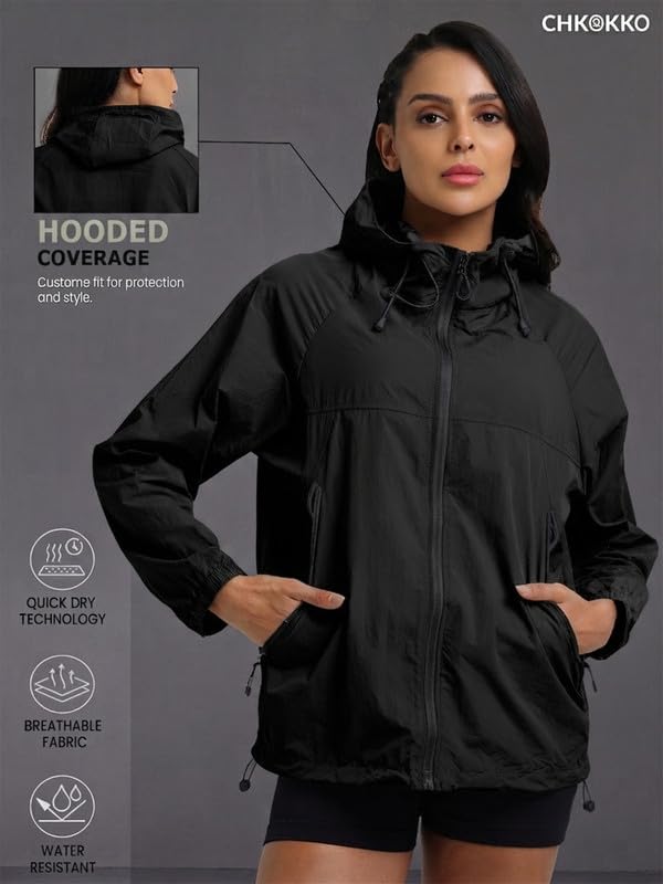 Image of CHKOKKO Windcheater For Women With Hood | With Advanced Upf 50+ UV Windproof Windbreaker Sunscreen | Lightweight Water-repellent Sports Outdoor Travel & Everyday Wear Windshield