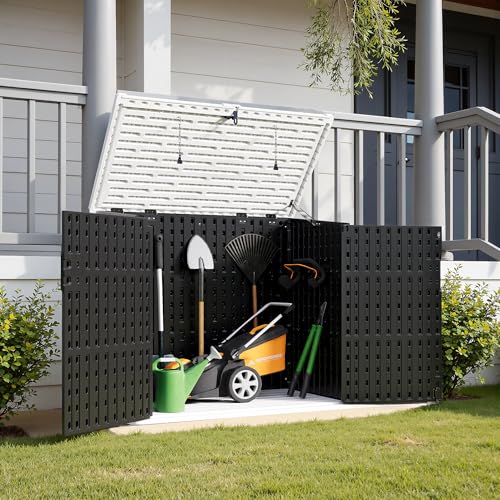 Image of Greesum Outdoor Trash Can Storage Shed, 34 Cu.ft Waterproof Horizontal Storage Shed, Portable Horizontal Resin Storage Shed for Garden, Backyard, Patio, Dark Black