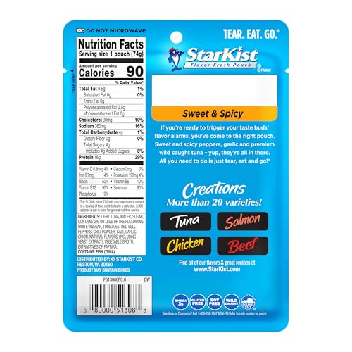 Image of StarKist Tuna Creations Sweet and Spicy, 2.6oz Pouch, 1-Pack | 16g Protein Per Serving, Wild Caught, Shelf Stable Seafood, Gluten Free, Soy Free, No Draining, Ready to Eat for Salads