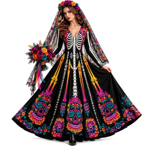 Genérico Disfraz Halloween Mujer,Disfraz Esqueleto Mujer Vestido Gotico Maxi Vestido Corta con Estampado de Esqueleto y Rosas, Cintura Alta Corte Acampanado, Vestidos de Fiesta Elegantes Maxi
