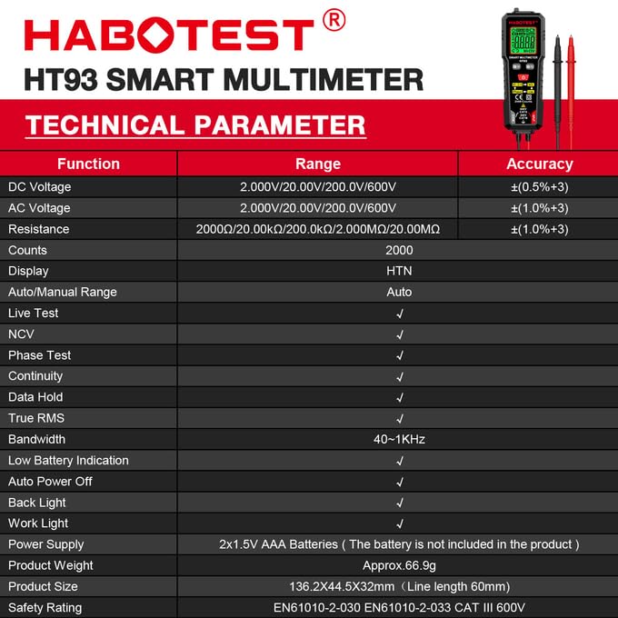 Image of HABOTEST HT93 2000 Counts Non Contact Voltage Phase Sequence Detection AC DC Voltage Small Smart Digital Multimeter