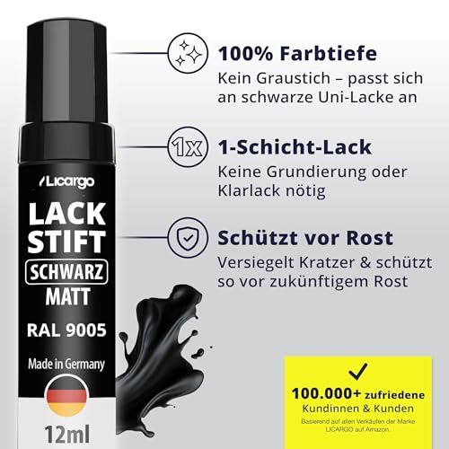LICARGO Lackstift Schwarz Matt – Präziser Pinsel für kleine Kratzer & Steinschläge – Hohe Deckkraft, schnelle Trocknung – Auto Lackstift, Felgenlack, Fahrrad & Metall, Made in Germany
